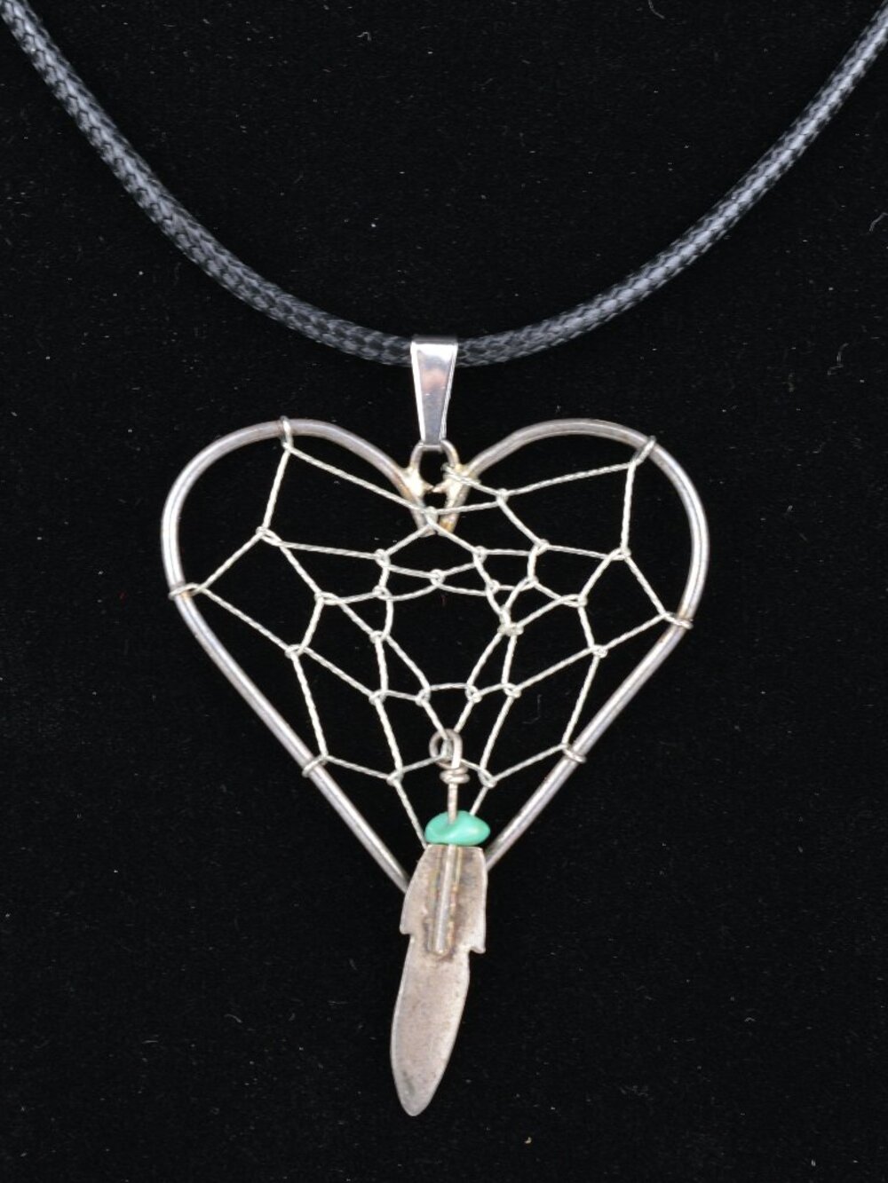 Vintage 925 Sterling Silver Heart Dreamcatcher Pendant Turquoise Bead Feather 2"